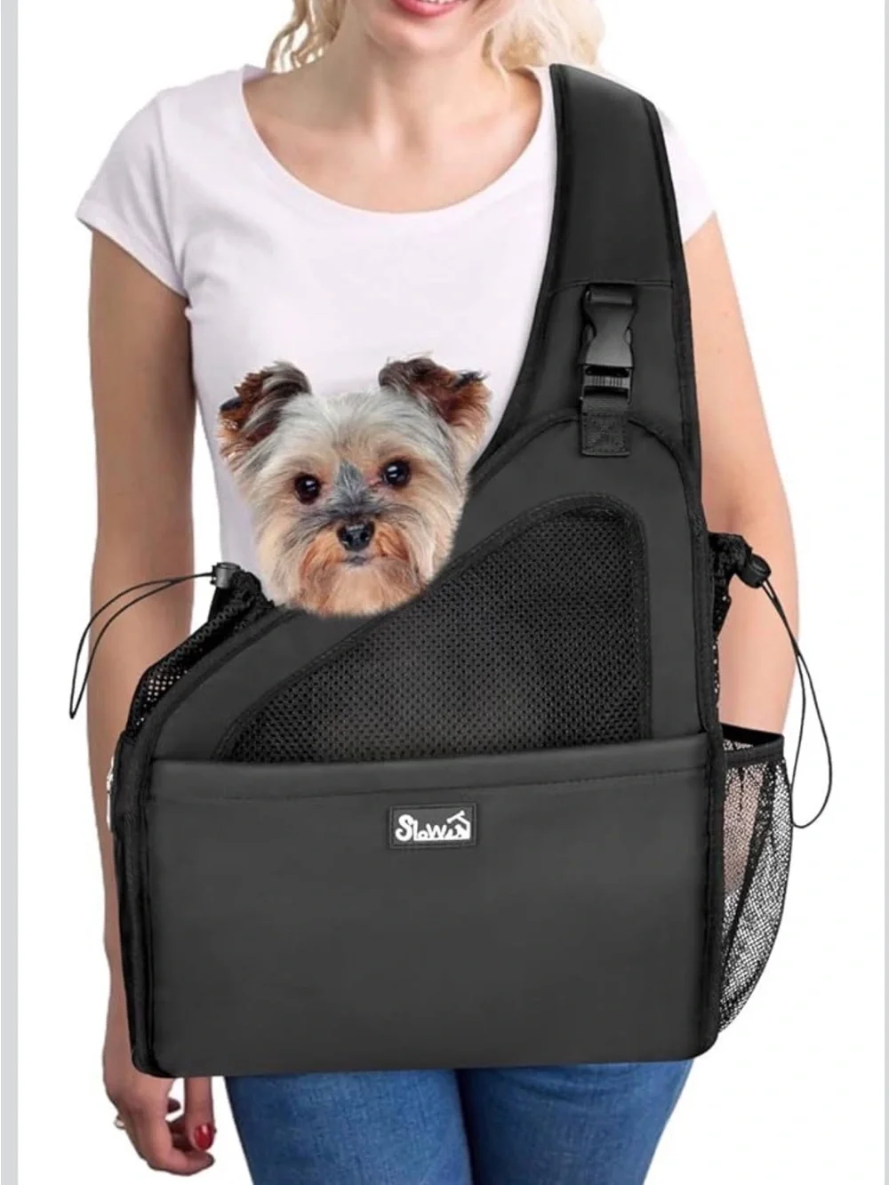 SlowTon Black Pet Dog Sling Carrier with Hard Bottom